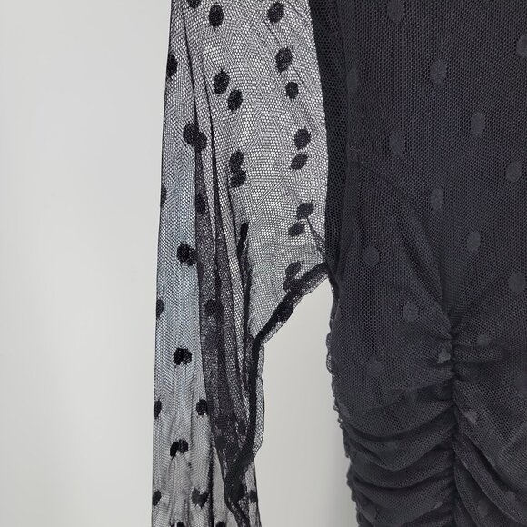 Evereve Black Ruched Mesh Dot Top | Sheer Sleeve Mock Neck | Size Small - Picture 7 of 12